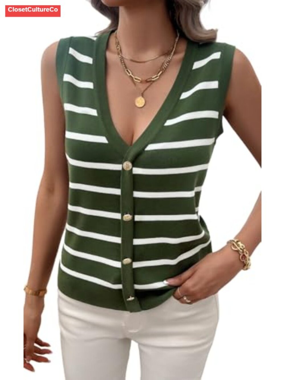 Women's V-Neck Striped Knit Sleeveless Vest Button Front Business Top